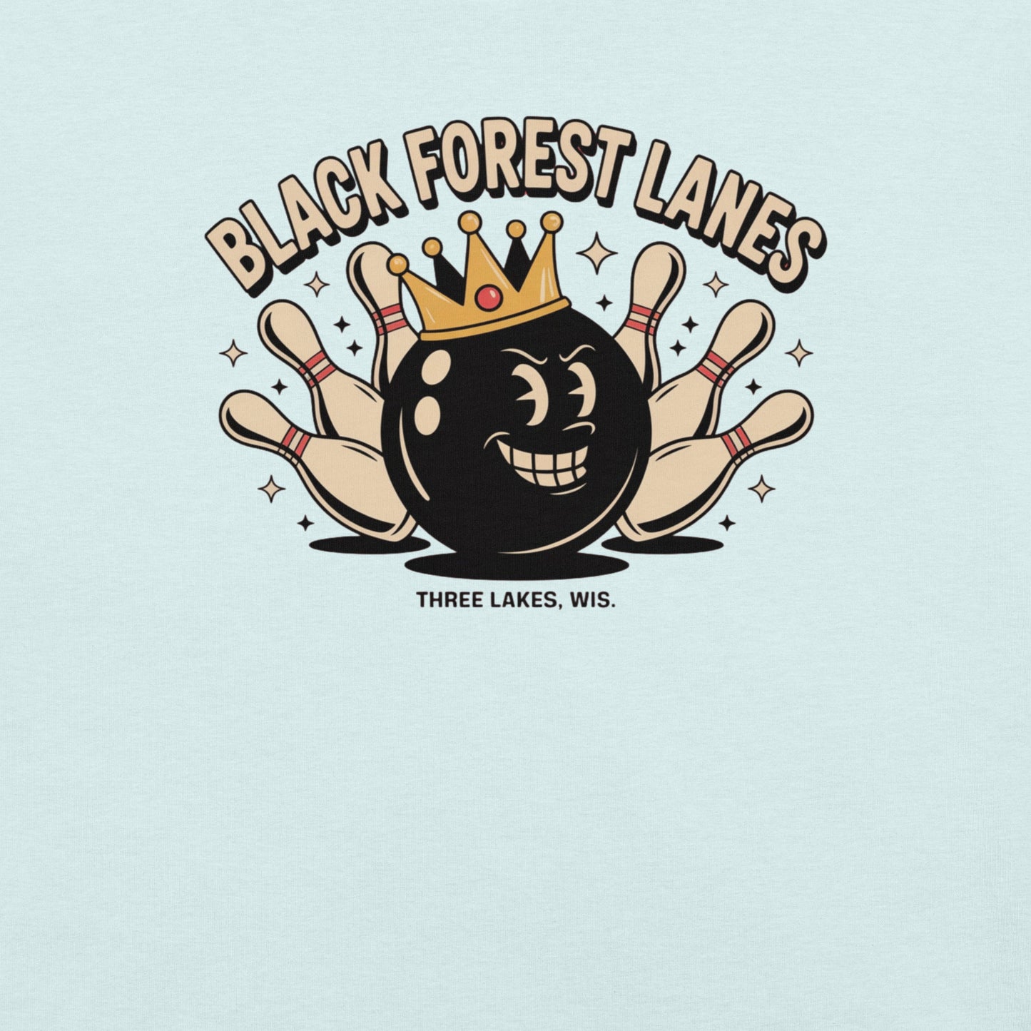 Black Forest Lanes Bowling Alley Three Lakes Wisconsin Vintage Tee Light Blue